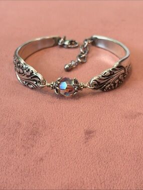 Silver-Tone Silverware Bracelet with Mauve  Crystal Bead